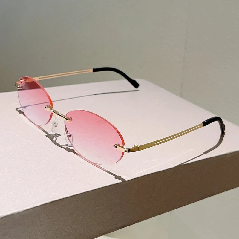 Trendy Rimless Oval Sunglasses - Vintage Gradient Shades