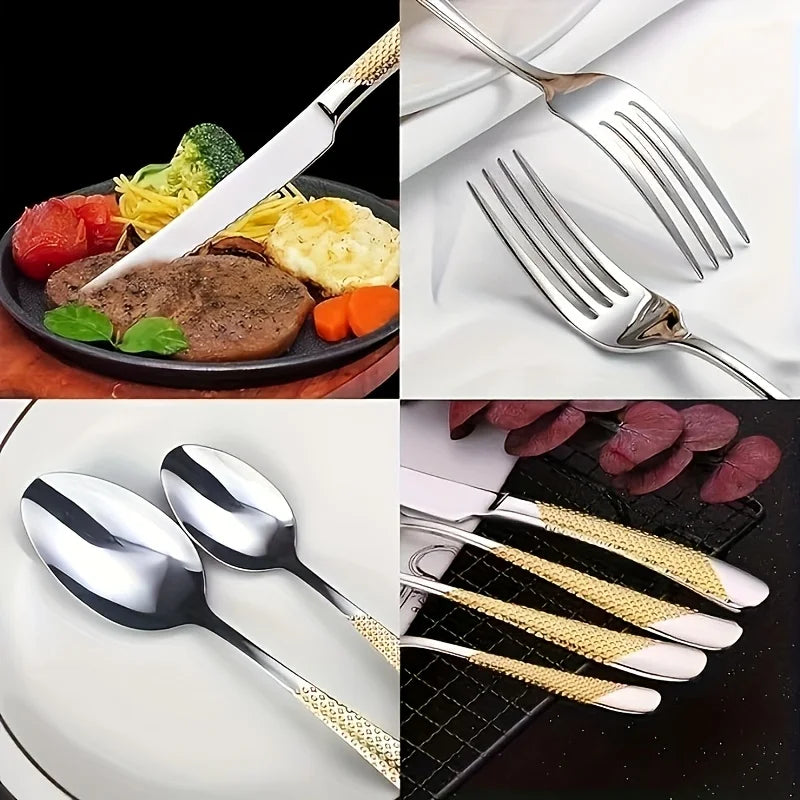 Premium Hammered Flatware Set - Golden Silvery Stainless Steel