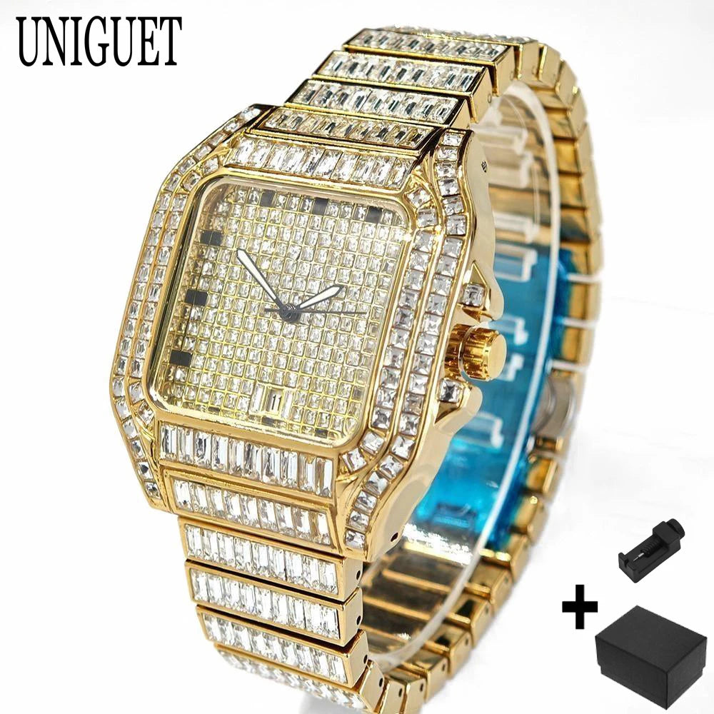 Luxury Gold Hip Hop Watch - Full Baguette Diamond Quartz Wristwatch