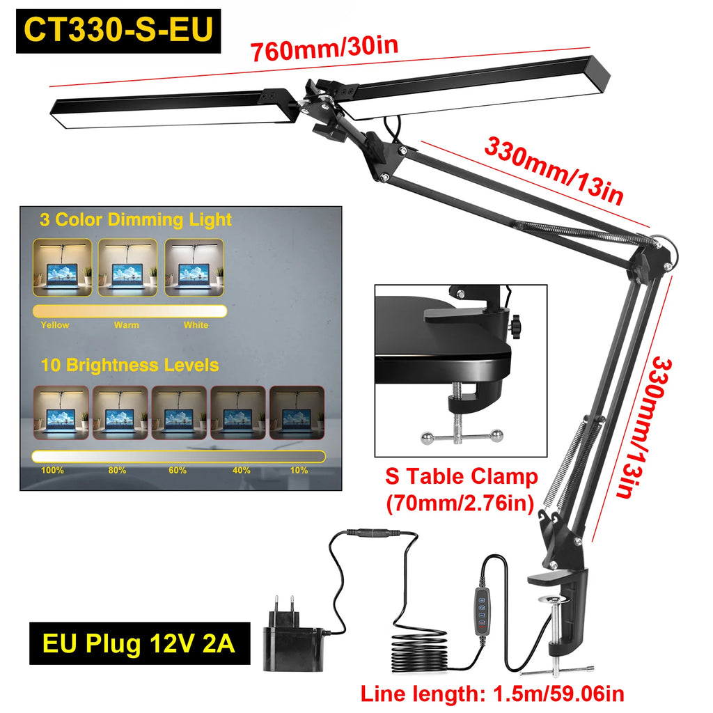 Premium LED Desk Lamp with Clamp - Auto Dimming & Bright