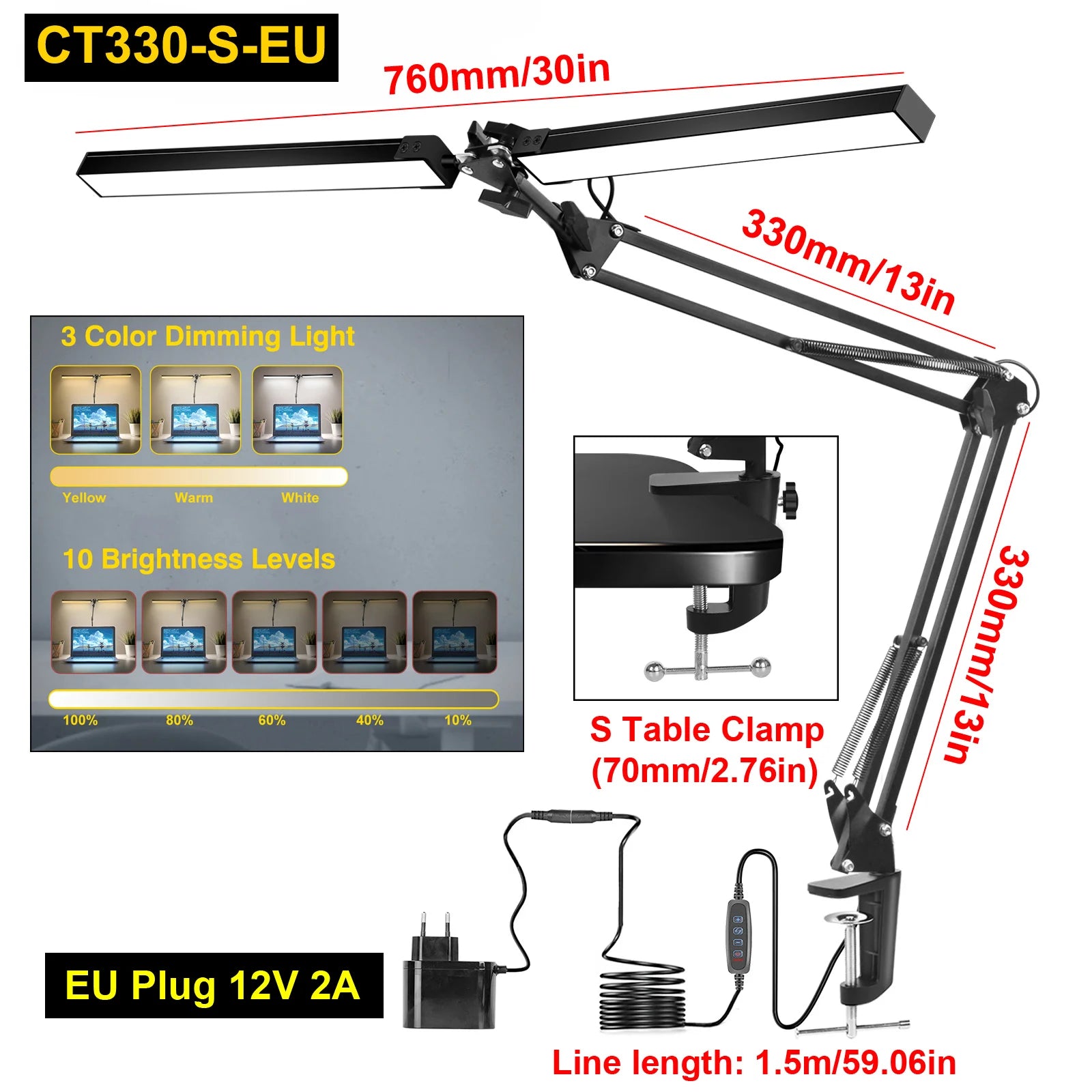 Premium LED Desk Lamp with Clamp - Auto Dimming & Bright