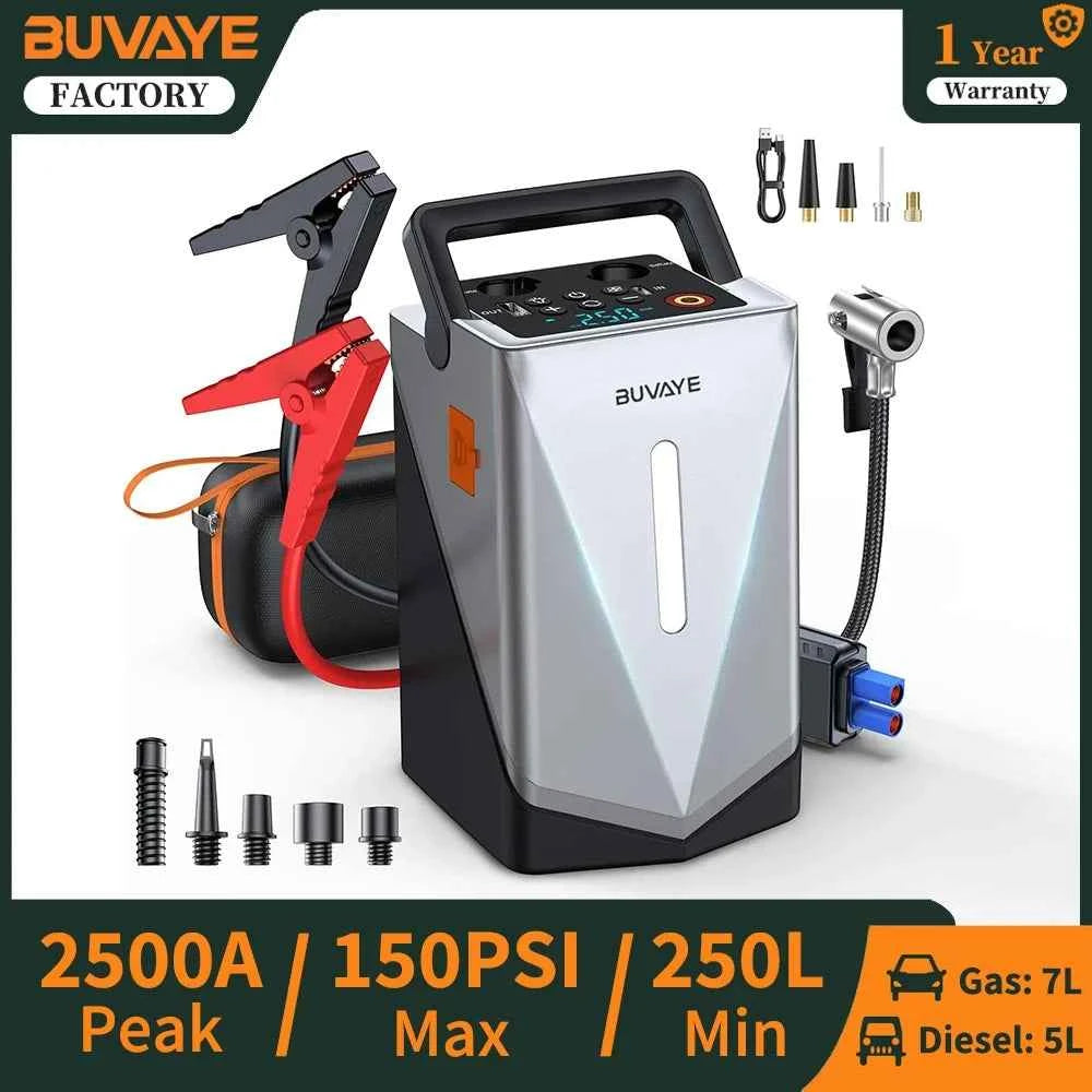 Portable jump starter with air compressor - 2500A booster power bank in black with digital display and storage case