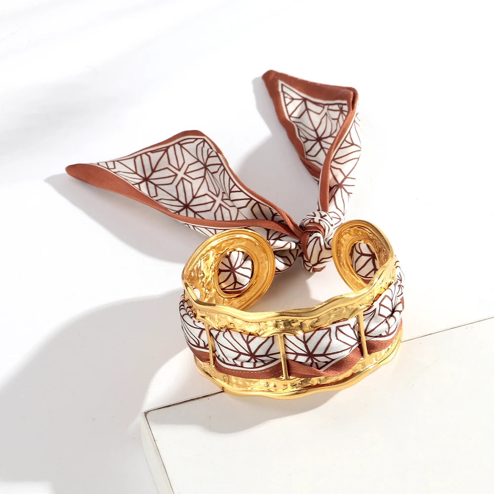 Elegant Silk Cuff Bracelet - Gold & Silver Retro Design