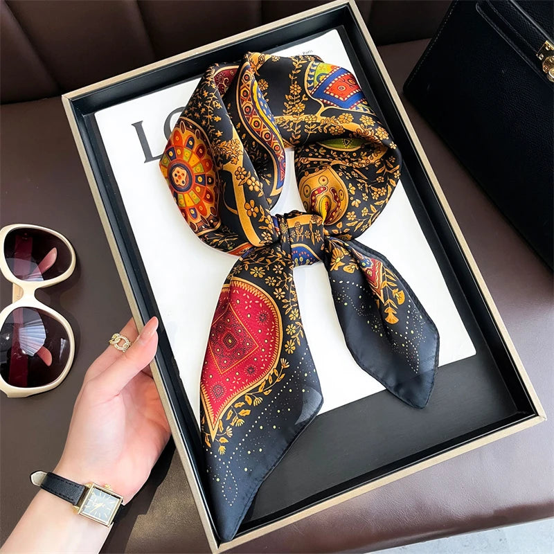 Elegant Bohemian Silk Square Scarf - Floral Satin Neck Scarf