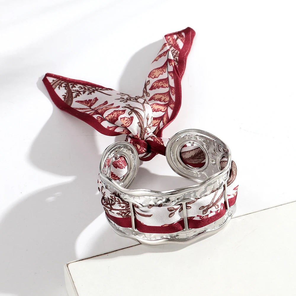 Elegant Silk Cuff Bracelet - Gold & Silver Retro Design