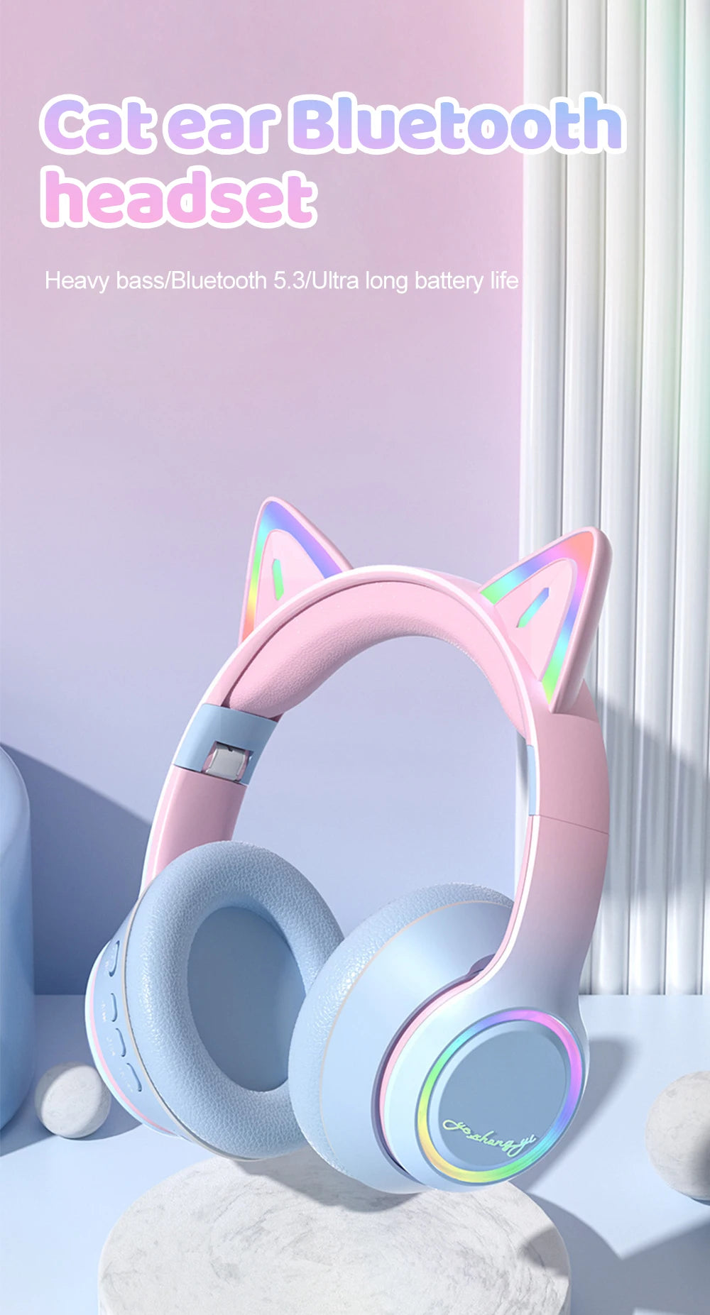 Premium RGB Cat Ear Headphones - Wireless Bluetooth 5.3 & Mic