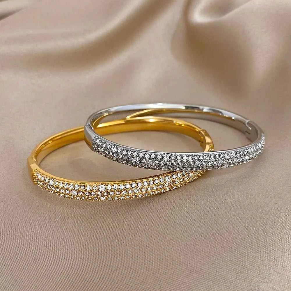Luxury Zircon Cuff Bracelet - Waterproof Gold & Silver Stainless Steel