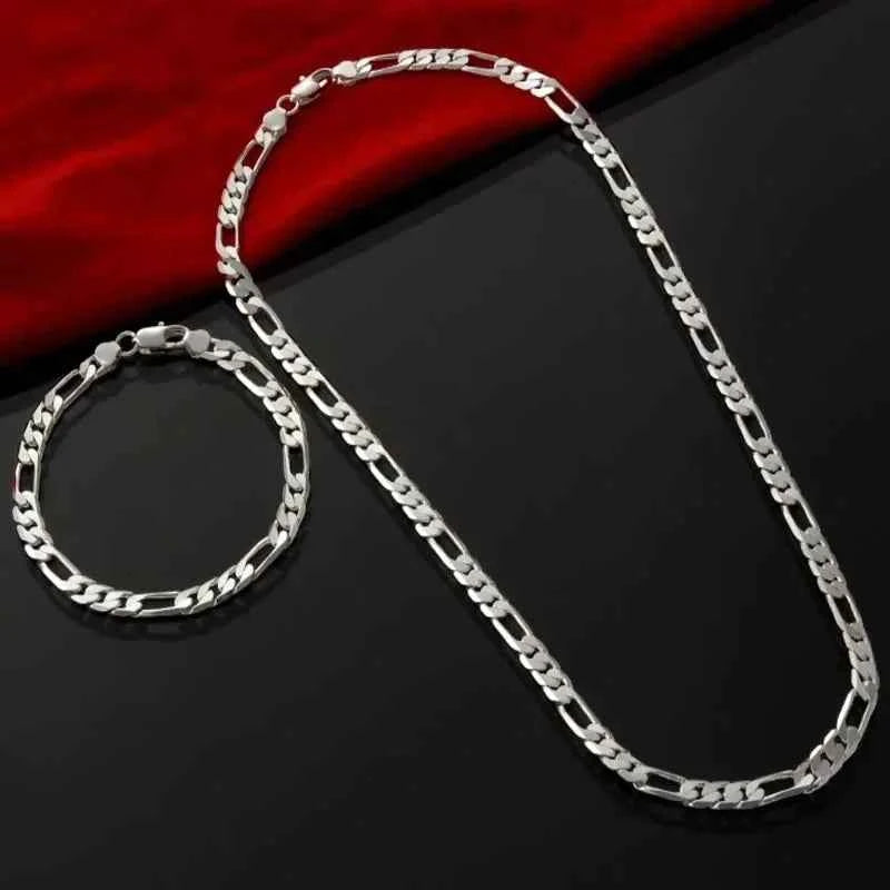 925 sterling silver figaro set - 4mm chain bracelet and necklace