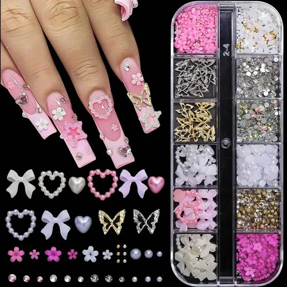 Luxury Christmas Nail Charms - 12 Grids Mixed Red & Green Gems