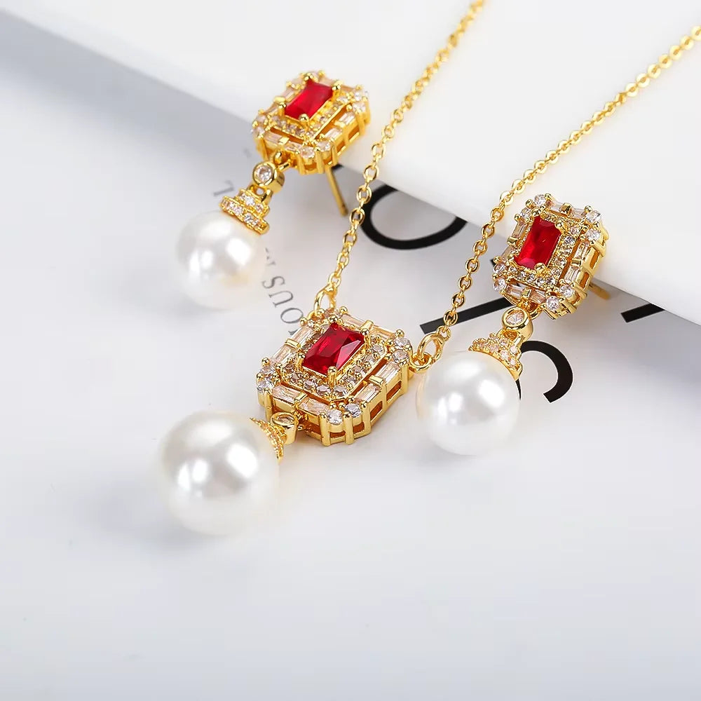 Luxury Pearl Pendant Necklace Earring Set - 18K Gold Plated