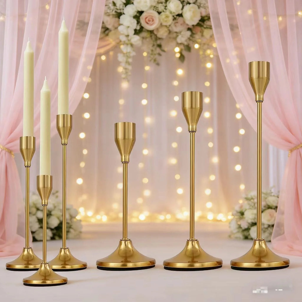European Metal Candle Holder Set - 3 piece elegant candlestick stands in golden finish