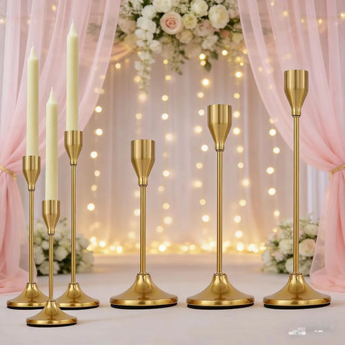 European Metal Candle Holder Set - 3 piece elegant candlestick stands in golden finish