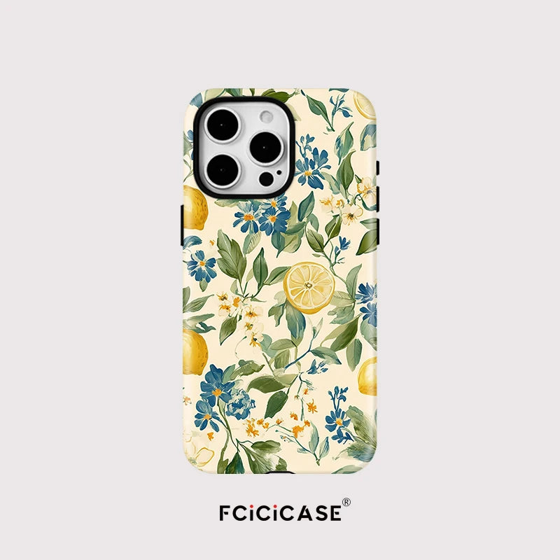 Premium Magnetic Shockproof iPhone Case - Floral Lemon Design