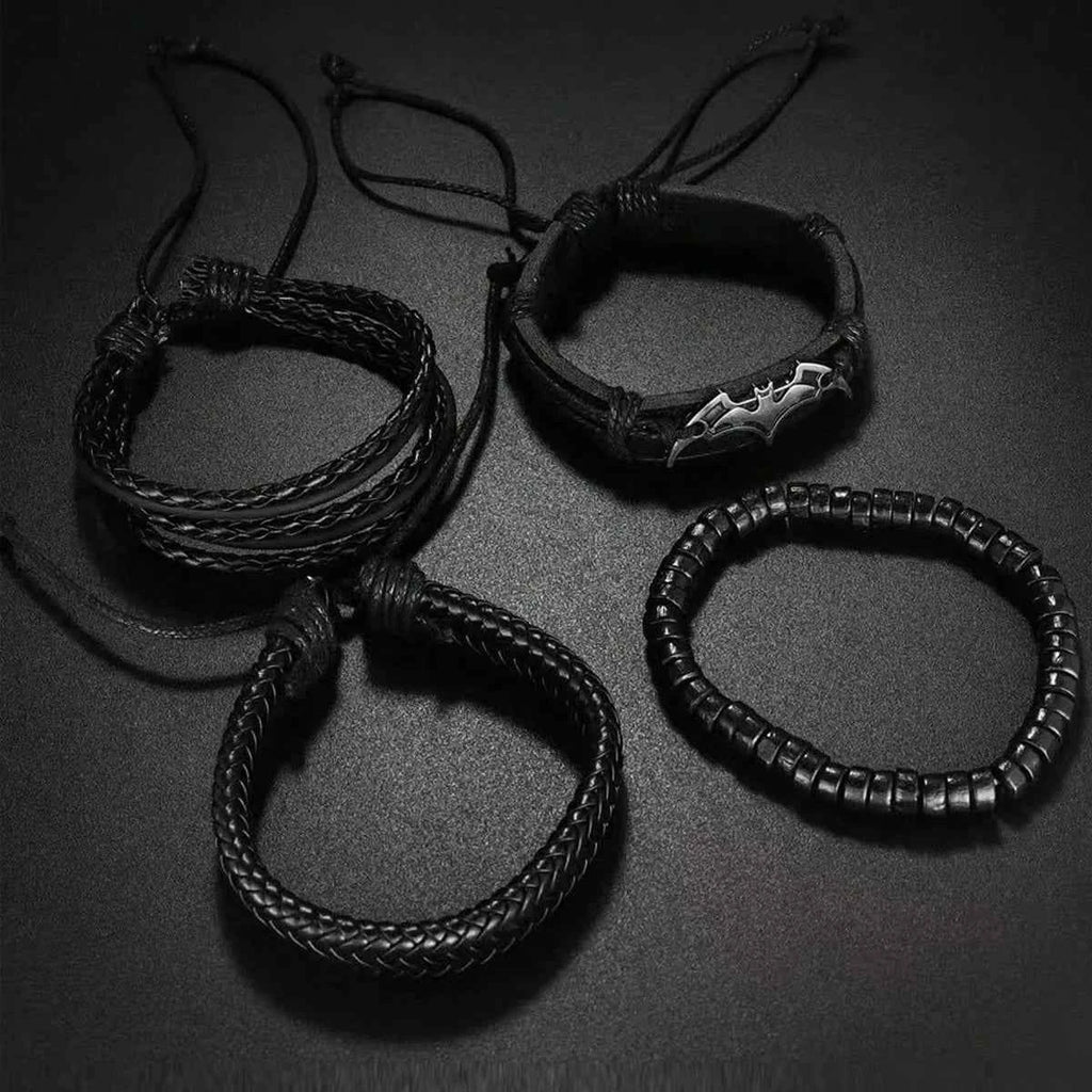 Punk Bat PU Leather Braided Bracelet - Black Multi-Layer