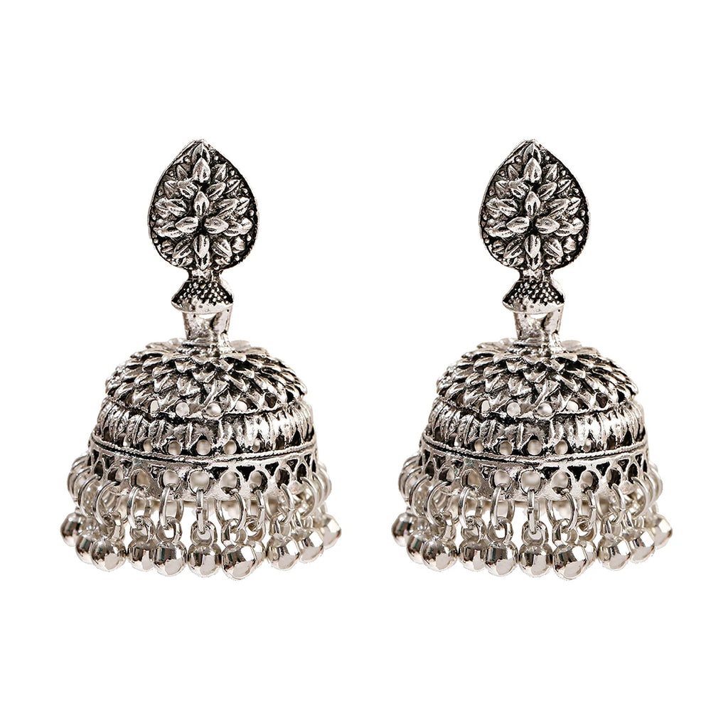 Elegant Indian Jhumka Earrings - Silver Flower Tassel Dangle Design