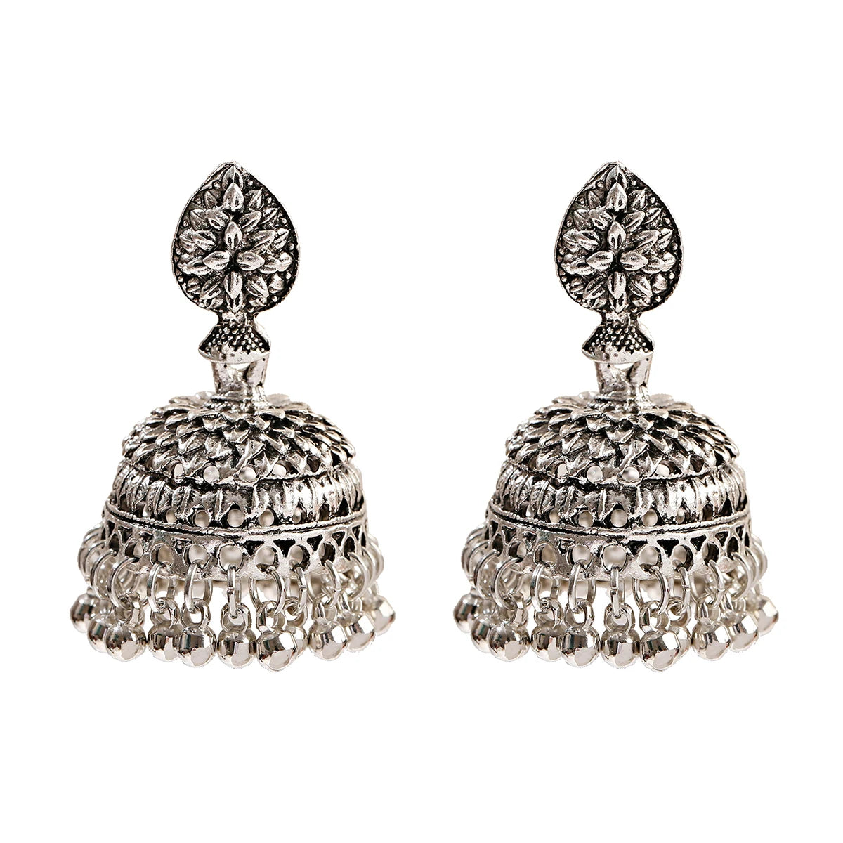 Elegant Indian Jhumka Earrings - Silver Flower Tassel Dangle Design