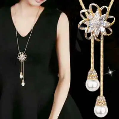 Luxury Crystal Flower Long Sweater Necklace - Elegant Pendant