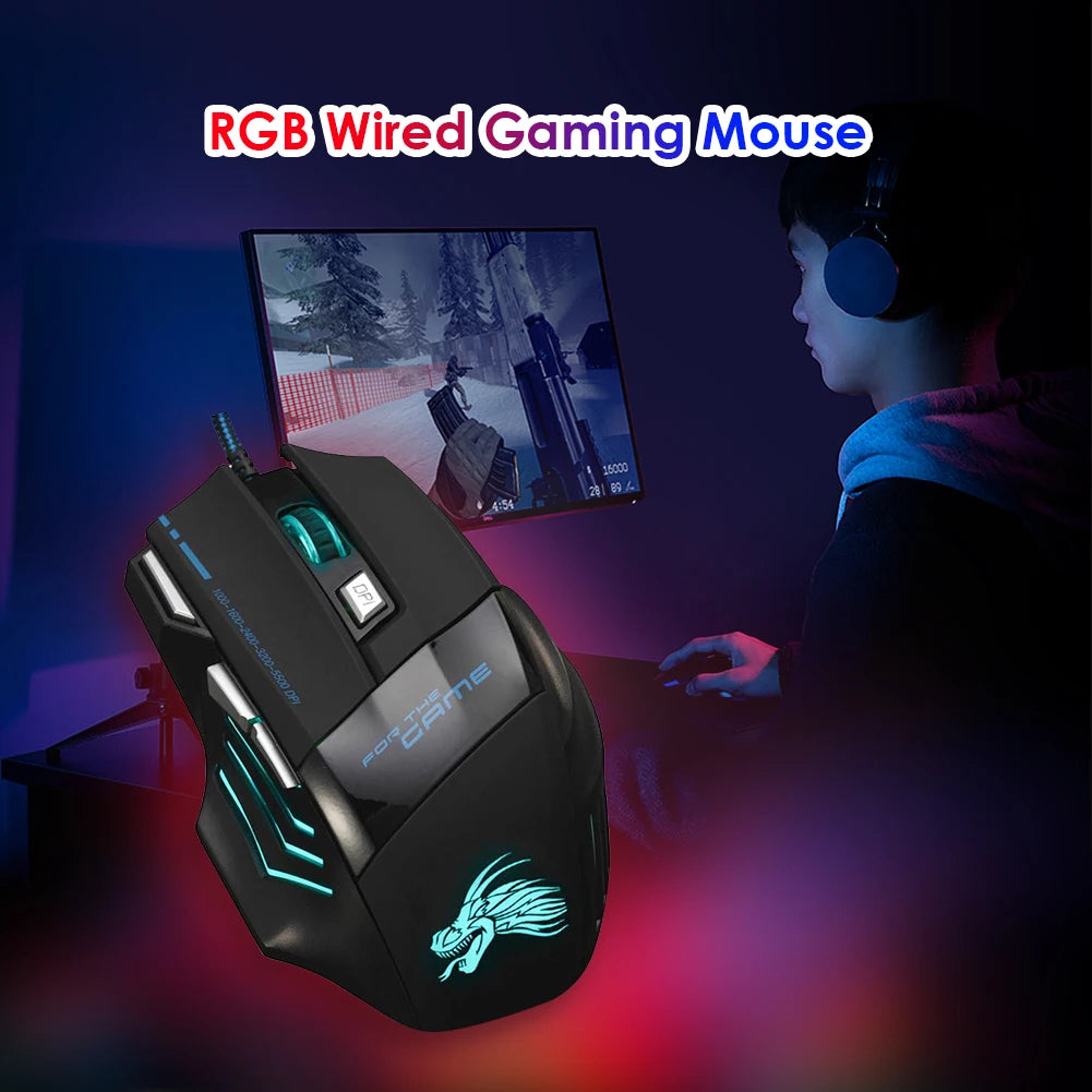 Premium Wired Gaming Mouse - Ergonomic 7-Button with 5500 DPI