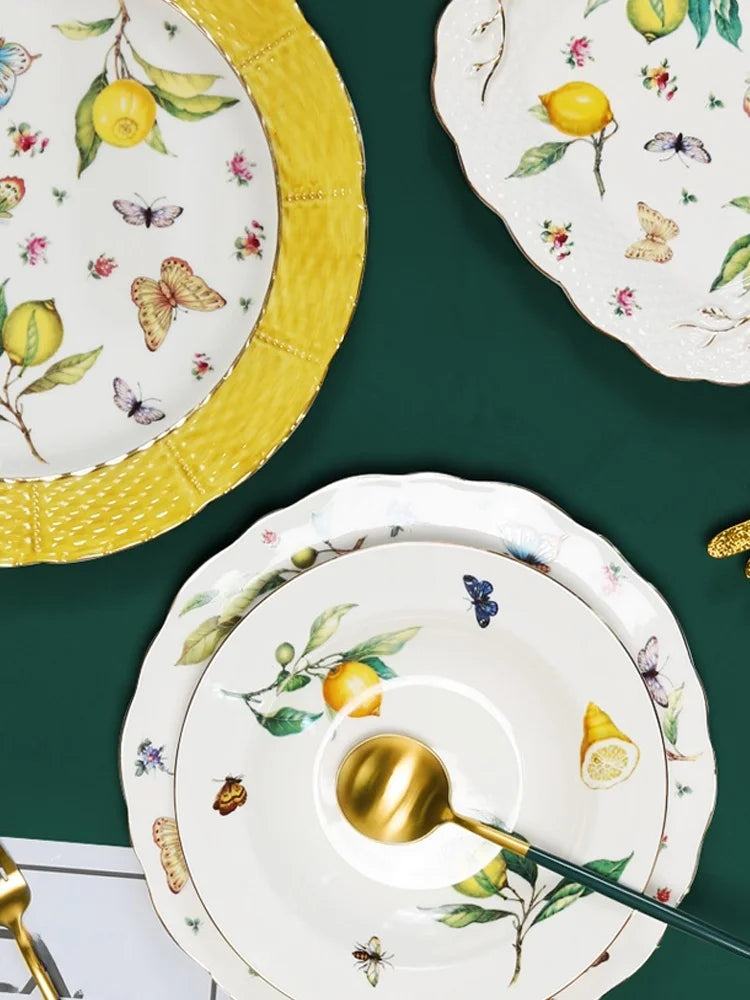 Ceramic dinner plate - elegant European style round dish with lemon accents