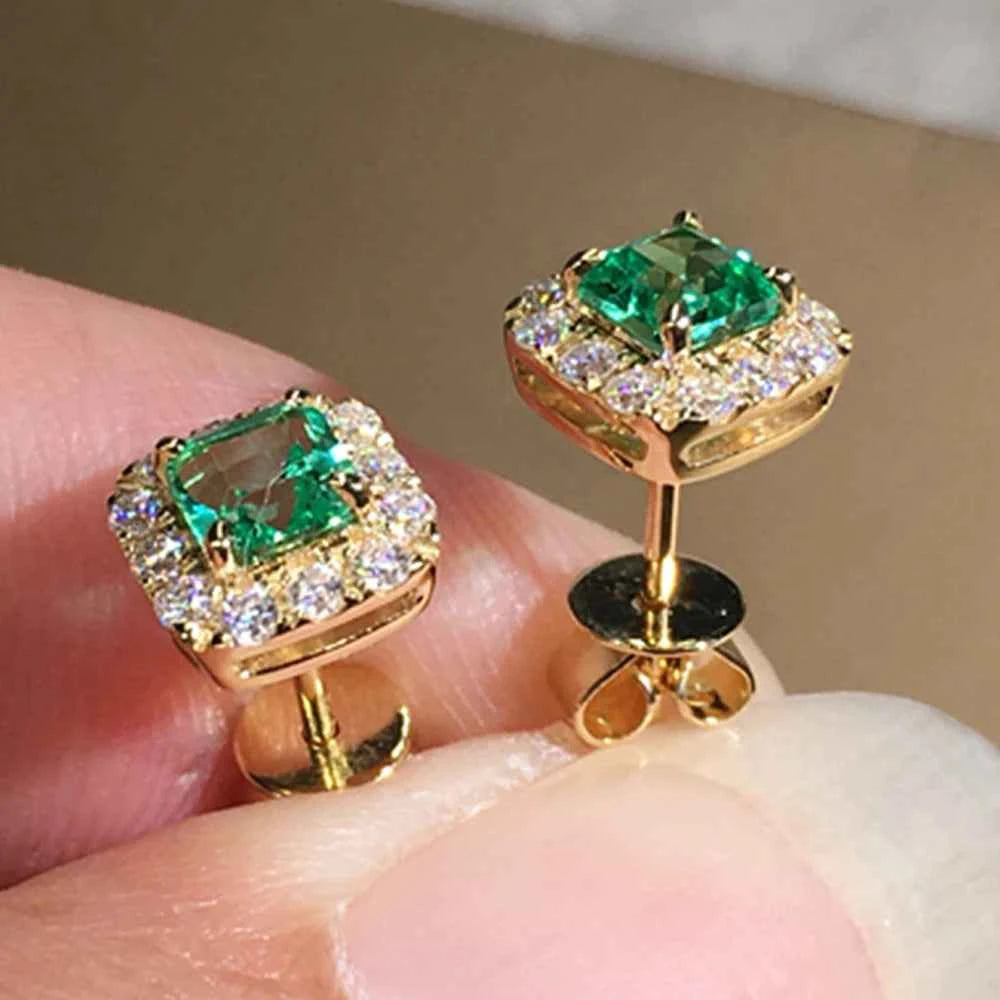 Luxury Green CZ Stud Earrings - Gold Elegant Bride Wedding Jewelry