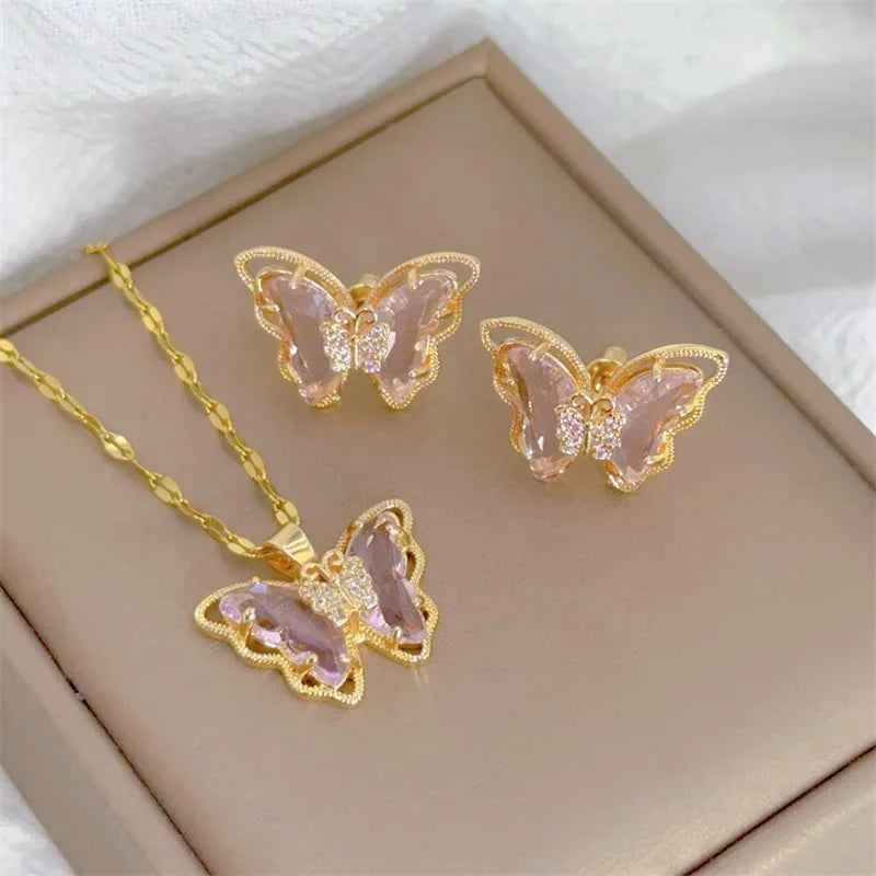 Elegant Butterfly Necklace Earrings Set - Light Luxury Jewelry