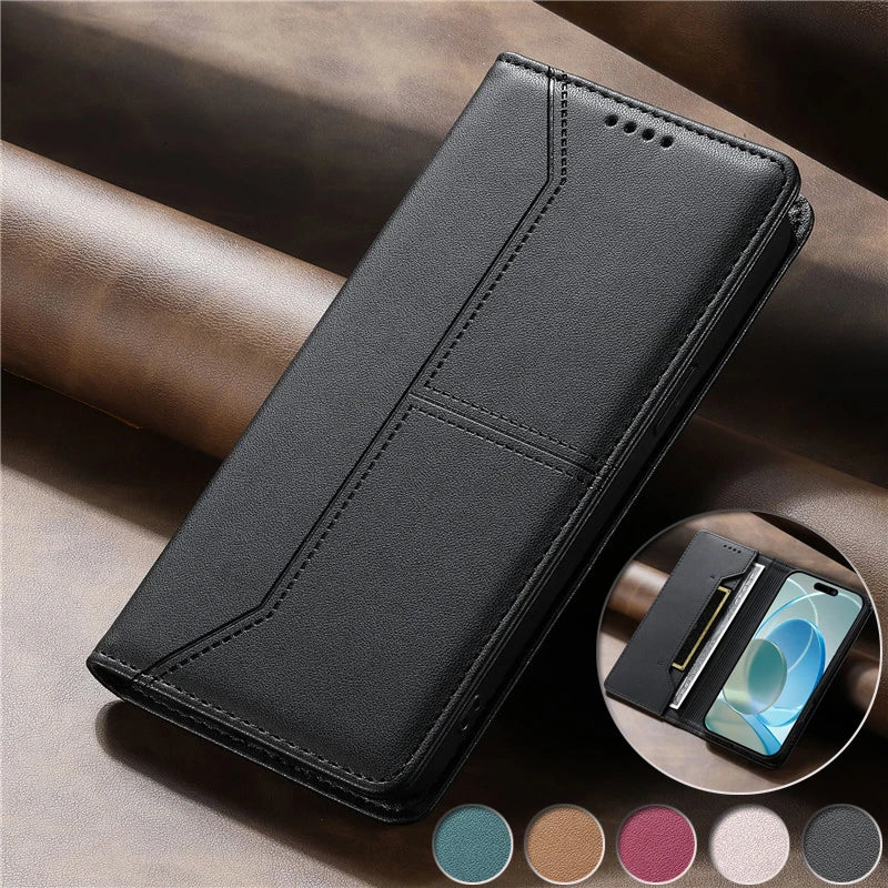 Magnetic Leather iPhone Case - Brown PU leather flip wallet cover with card slots