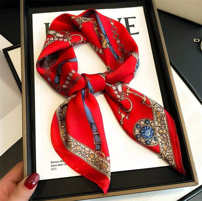 Luxury Red Chain Print Small Square Scarf - Simulated Silk