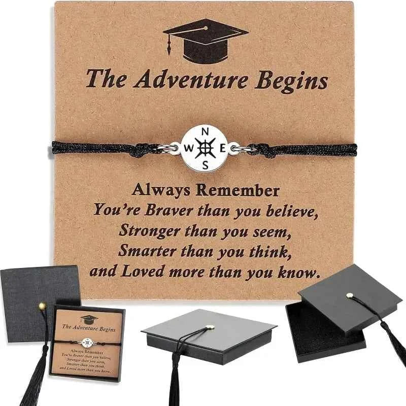 Graduation Gift Set - Premium doctoral cap gift box, stainless steel compass, woven bracelet, and band card