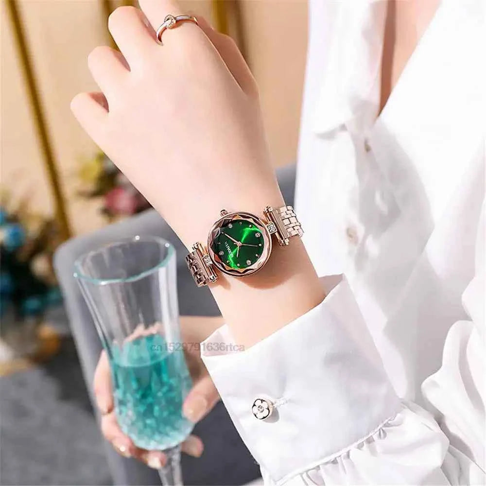 Elegant Ladies Diamond Quartz Watch - Red Alloy & Leather