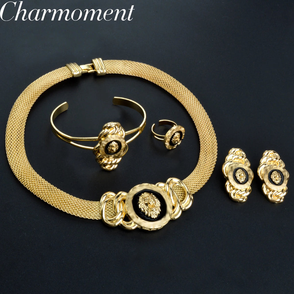 Dubai Gold Plated Jewelry Set - 18K gold plated lion necklace, bracelet, ring, and earrings bridal set