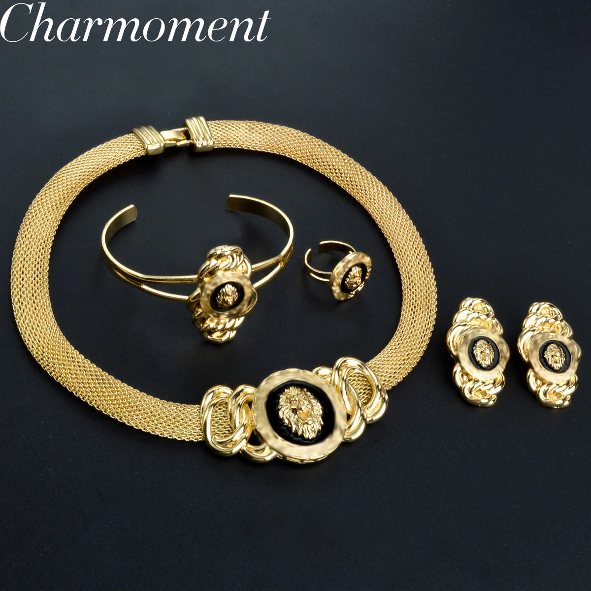 Dubai Gold Plated Jewelry Set - 18K gold plated lion necklace, bracelet, ring, and earrings bridal set