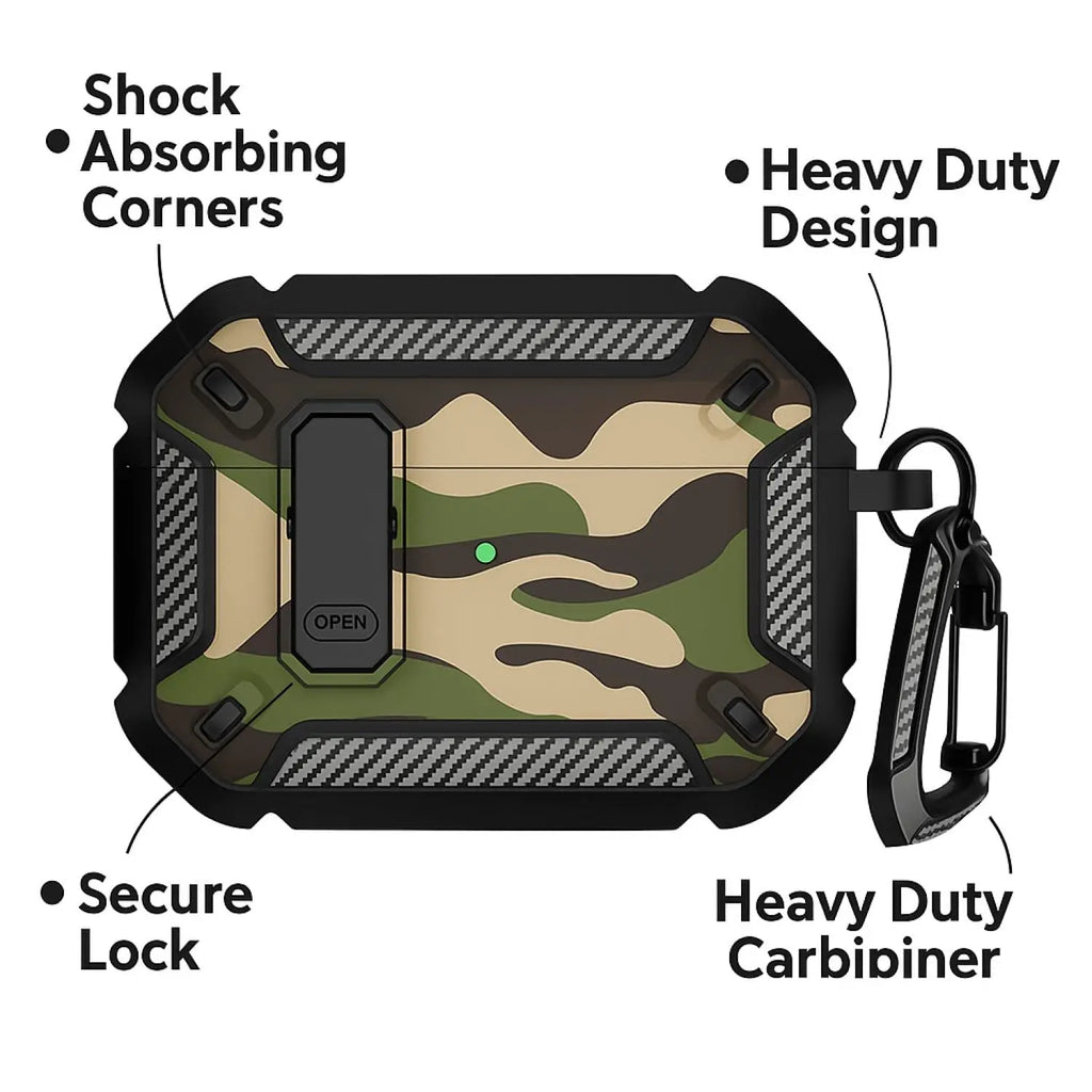 Premium AirPods Pro 3 Military Case - Camo Green with Lock