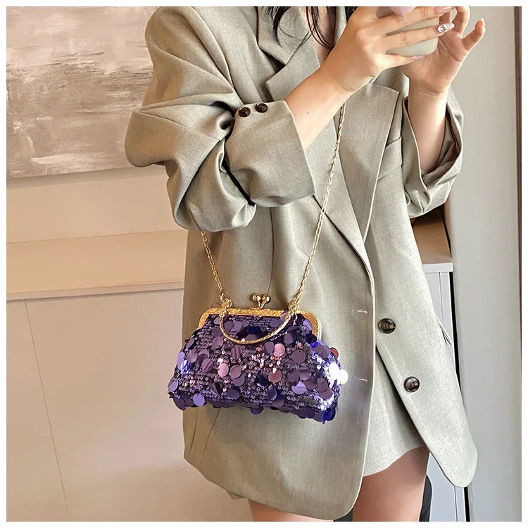 Elegant Sequins Evening Clutch Bag - Bling Chain Strap