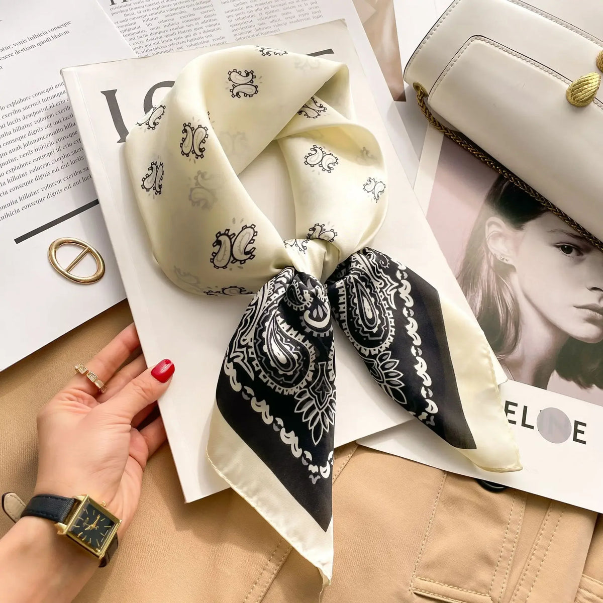 Luxury Silk Square Scarf - Elegant Designer Neckerchief & Purse Accessory