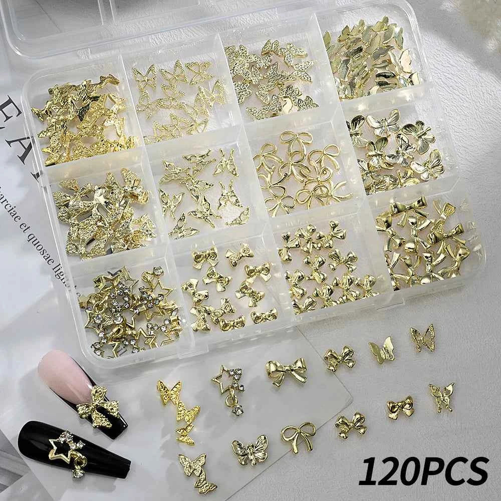 Luxury 3D Gold Bow Nail Metal Charms - 120pcs Shiny Art Supplies
