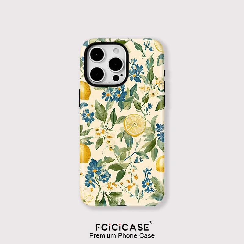 Magnetic Shockproof iPhone Case - Floral lemon design on a transparent case with a black border