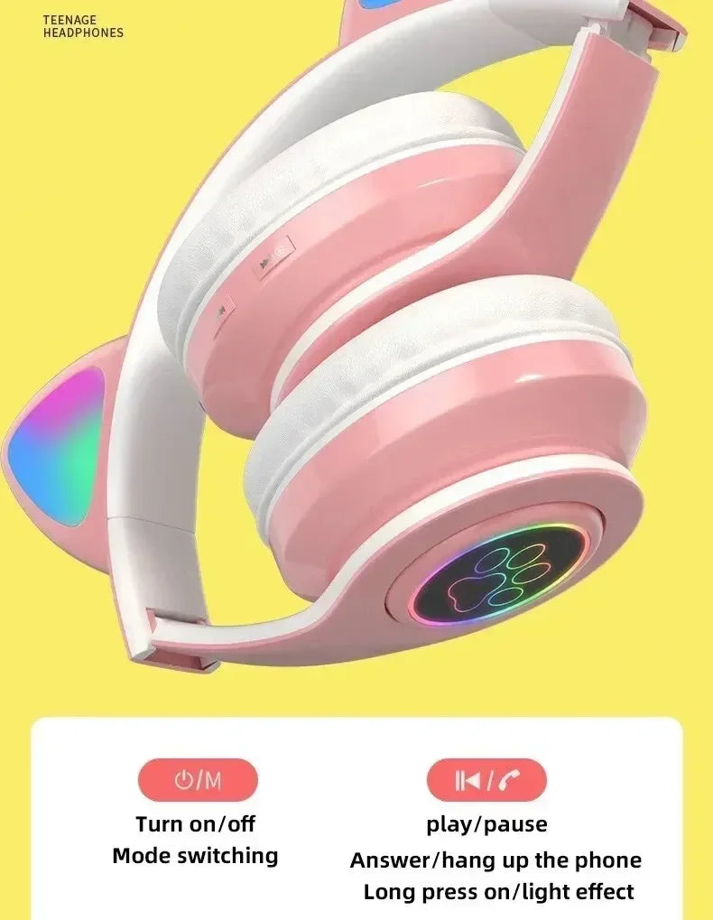 Premium Cat Ear Bluetooth Headphones - LED Stereo & Mic