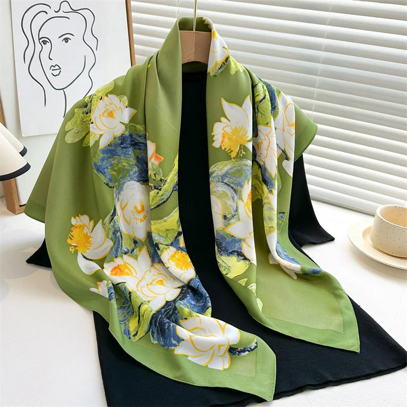 Luxury Square Silk Scarf - Elegant Tree Print Neck Shawl