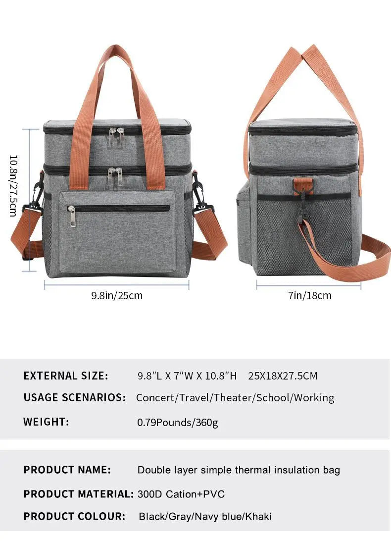 Insulated Lunch Bag - Portable Double-Layer Cooler Tote with Large Capacity and Crossbody Strap for Food Storage, Drinks & Meals - Tulique