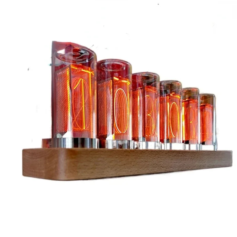 Luxury Digital Desk Clock - vintage wood with orange LED glow tubes displaying time on a dark background