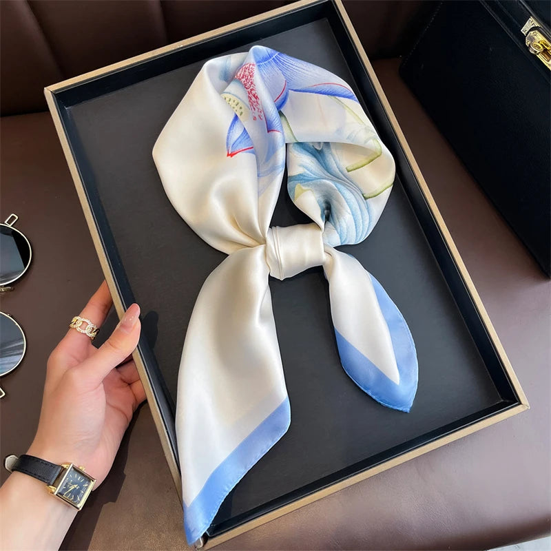 Elegant Bohemian Silk Square Scarf - Floral Satin Neck Scarf