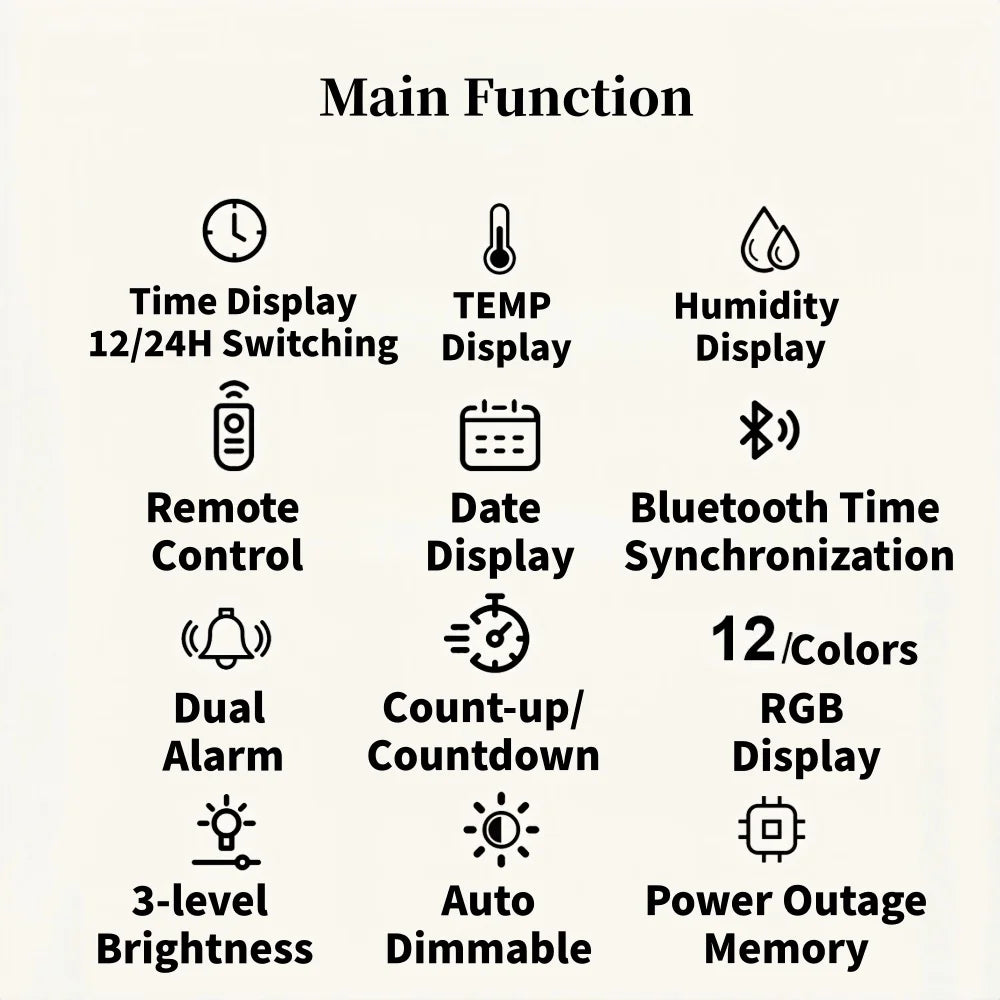 Premium Large RGB Digital Clock - Temp, Humidity & Date