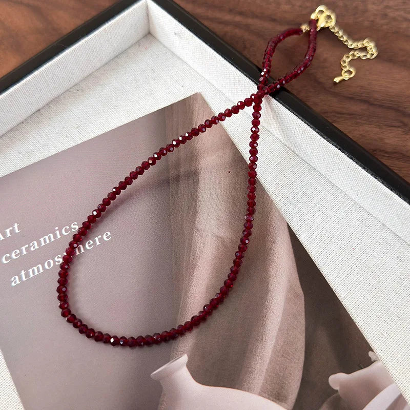Elegant Red Pearl Glass Bead Necklace - Luxury Collarbone Chain
