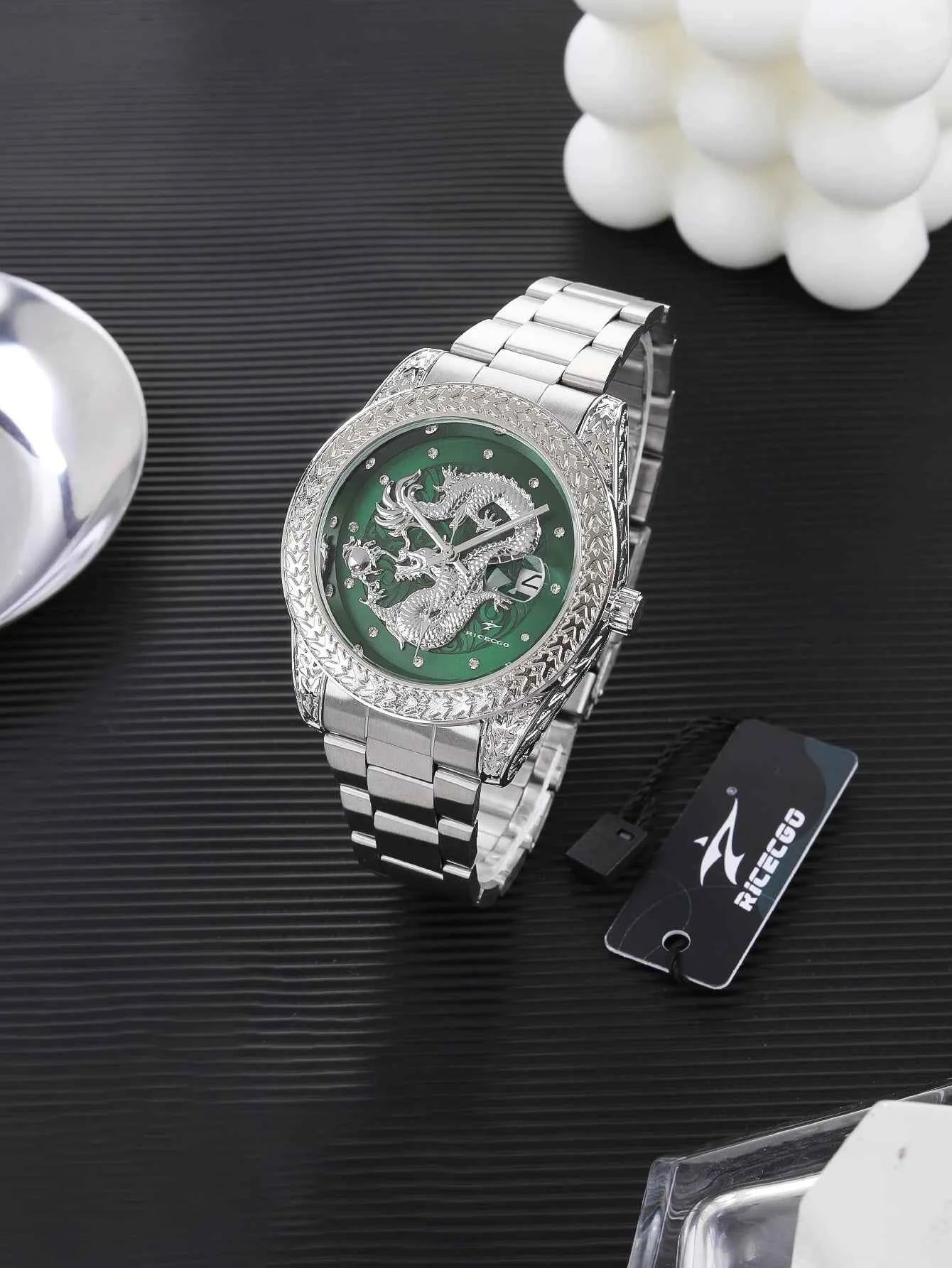 Ricecgo 1Pc Men's Classic Quartz Watch - Business Style, Round Dial, Rhinestone Scale, Calendar Display, Stainless Steel Strap, Quartz Movement, Ideal Gift for Daily Wearing, Birthday or Special Occasion, Father's Day