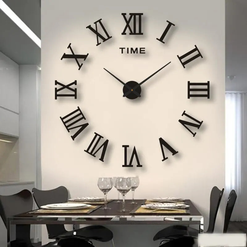 3D Acrylic Wall Clock - black Roman numerals mirror design on a light wall
