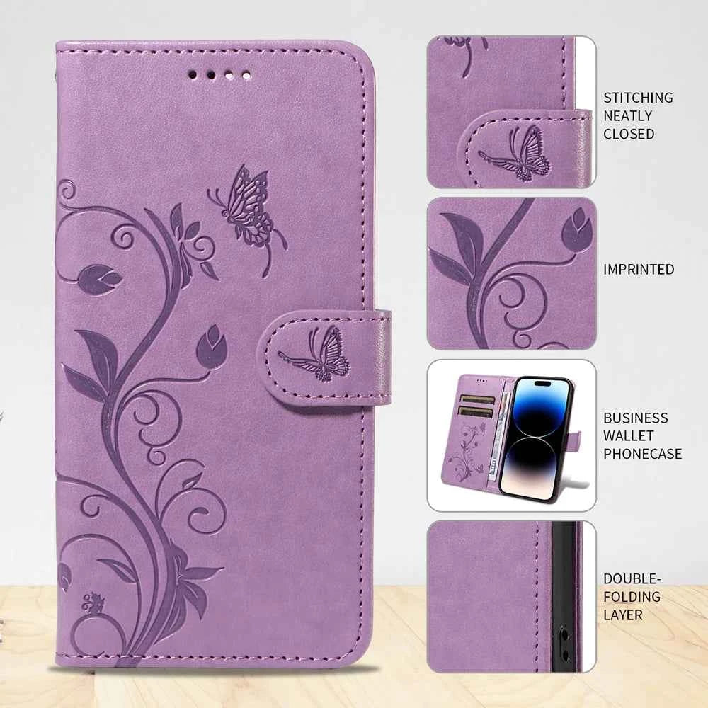 Premium Butterfly Flower Leather Case - Flip Wallet Book Cover