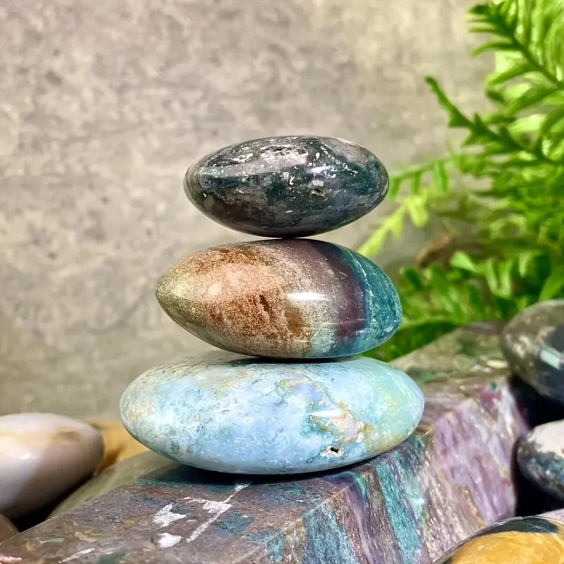 Premium Ocean Jasper Palm Stone - Smooth Polished Marbled Gem