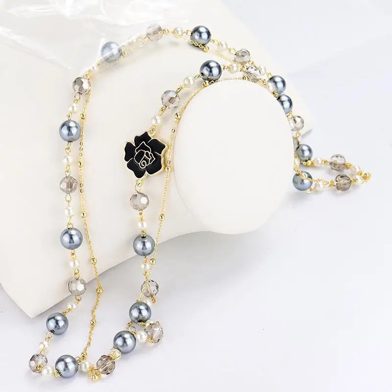 Elegant Long Pearl Necklace - Multilayer Camellia Flower Design