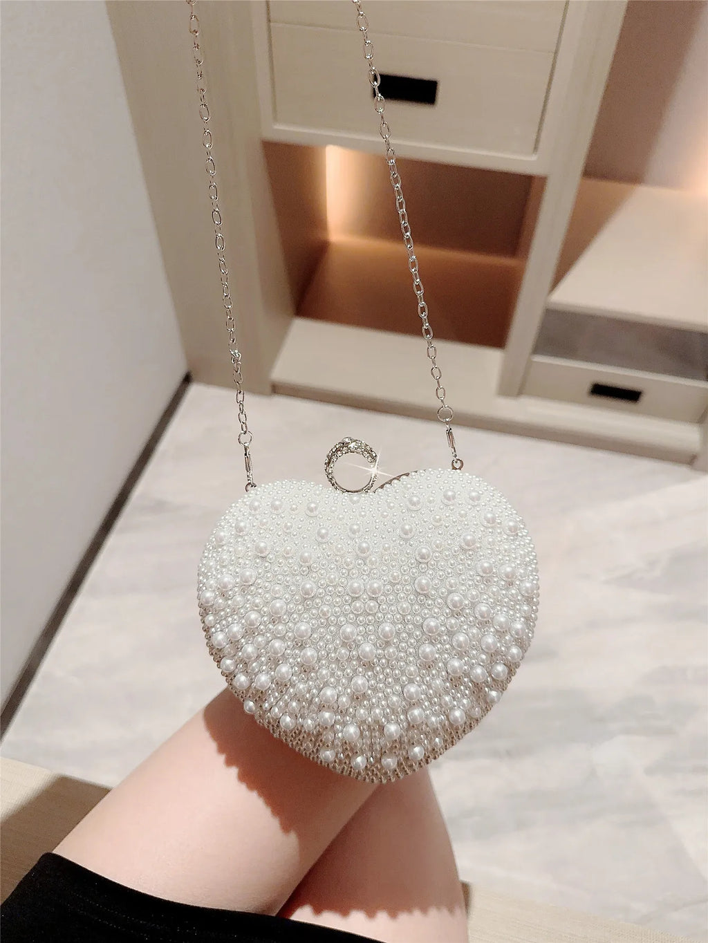 Elegant Pearl Evening Bag - Embellished Clutch with Chain