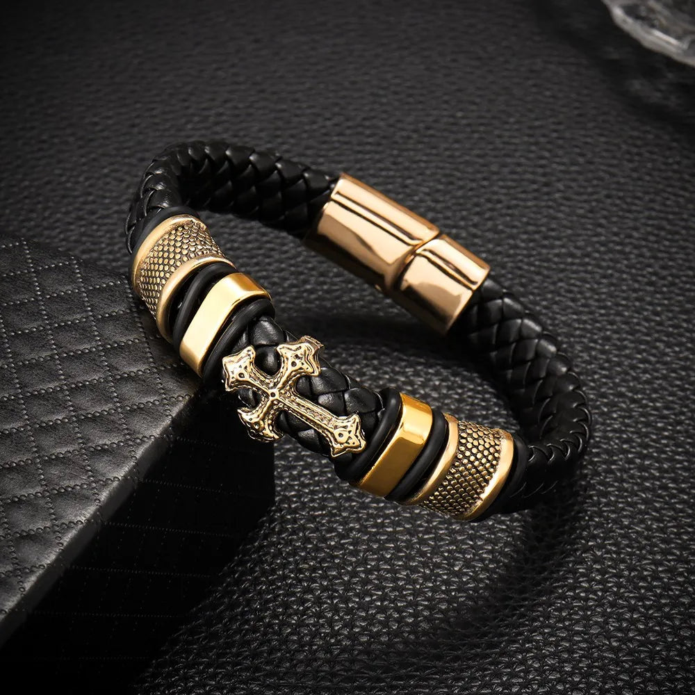 Luxury Men's Titanium Steel Bracelet - Vintage Leather Braided